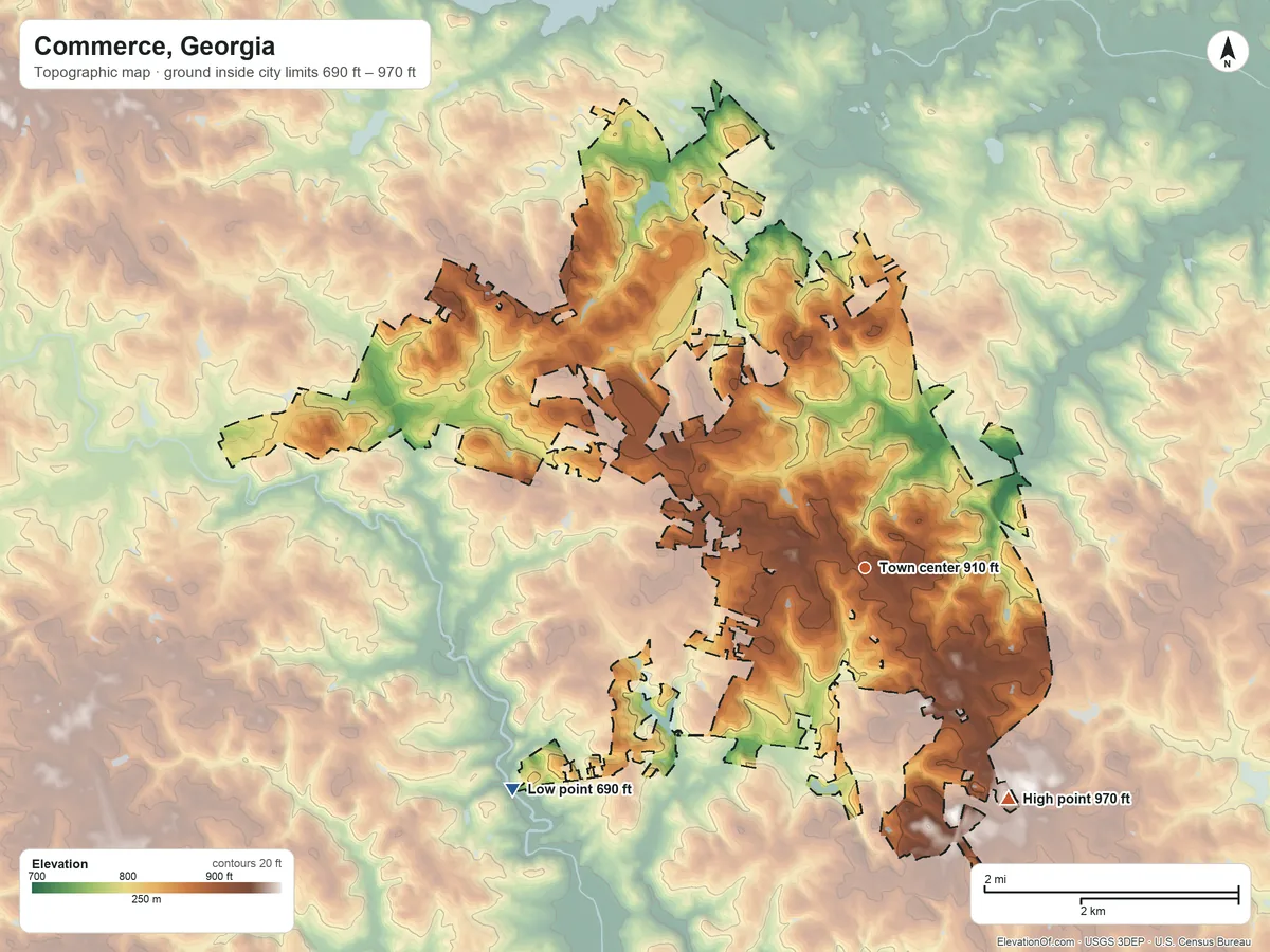 Topographic elevation map of Commerce, Georgia, shaded from 690 ft on the southwest side to 970 ft on the southeast side