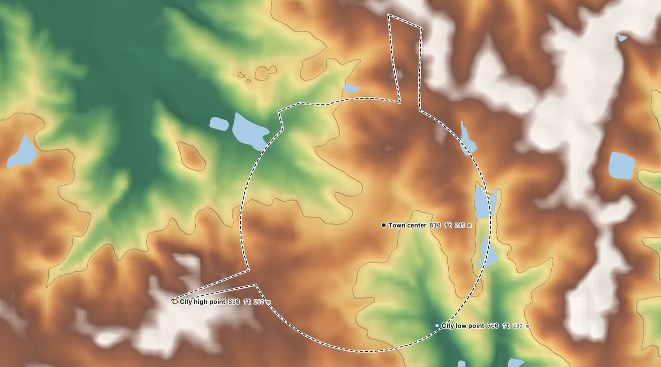 Topographic elevation map of Concord, Georgia, shaded from 760 ft on the southeast side to 850 ft on the west side