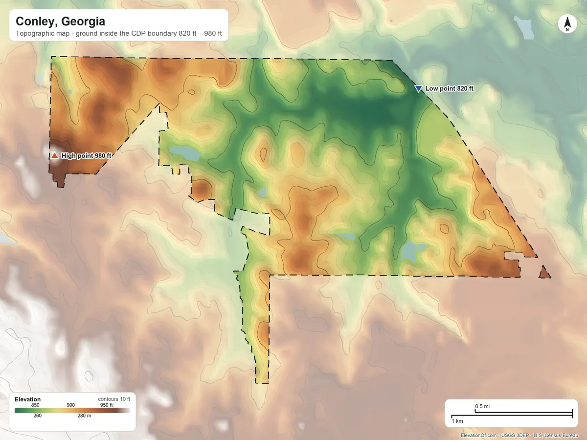 Topographic elevation map of Conley, Georgia, shaded from 820 ft on the northeast side to 980 ft on the west side