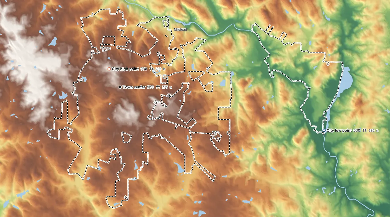 Topographic elevation map of Conyers, Georgia, shaded from 630 ft on the east side to 930 ft near the middle