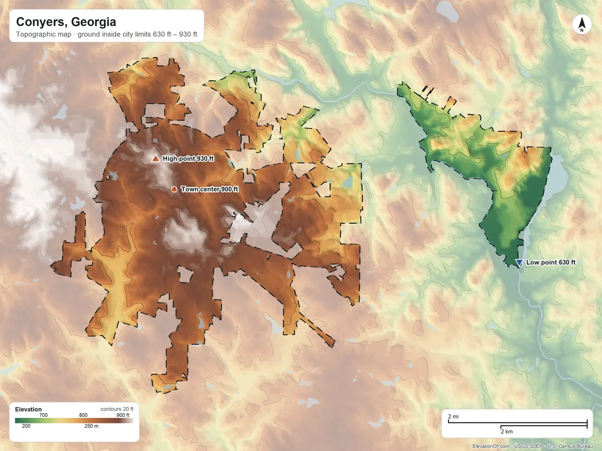 Topographic elevation map of Conyers, Georgia, shaded from 630 ft on the east side to 930 ft near the middle