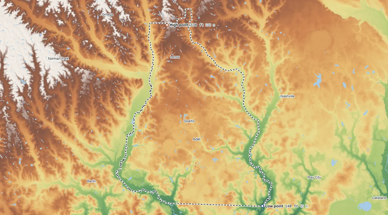 Topographic elevation map of Cook County, Georgia, shaded from 140 ft on the southeast side to 330 ft on the north side