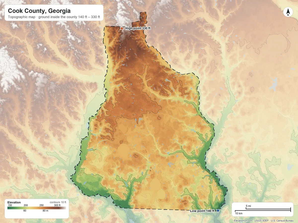 Topographic elevation map of Cook County, Georgia, shaded from 140 ft on the southeast side to 330 ft on the north side