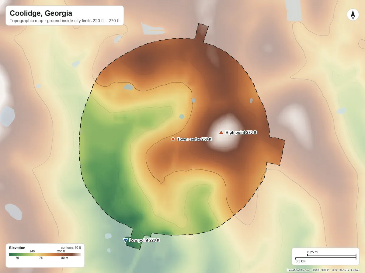 Topographic elevation map of Coolidge, Georgia, shaded from 220 ft on the southwest side to 270 ft on the east side