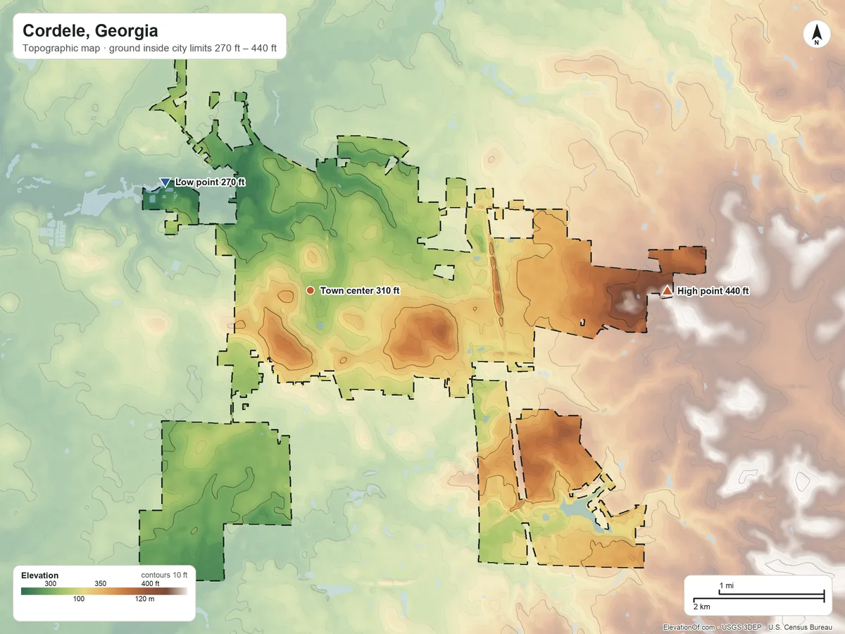 Topographic elevation map of Cordele, Georgia, shaded from 270 ft on the northwest side to 440 ft on the east side
