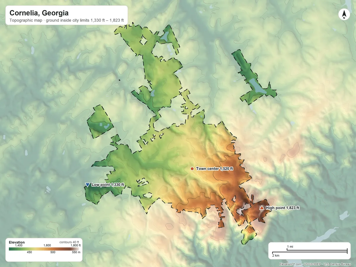 Topographic elevation map of Cornelia, Georgia, shaded from 1,330 ft on the west side to 1,823 ft on Chenocetah Mountain