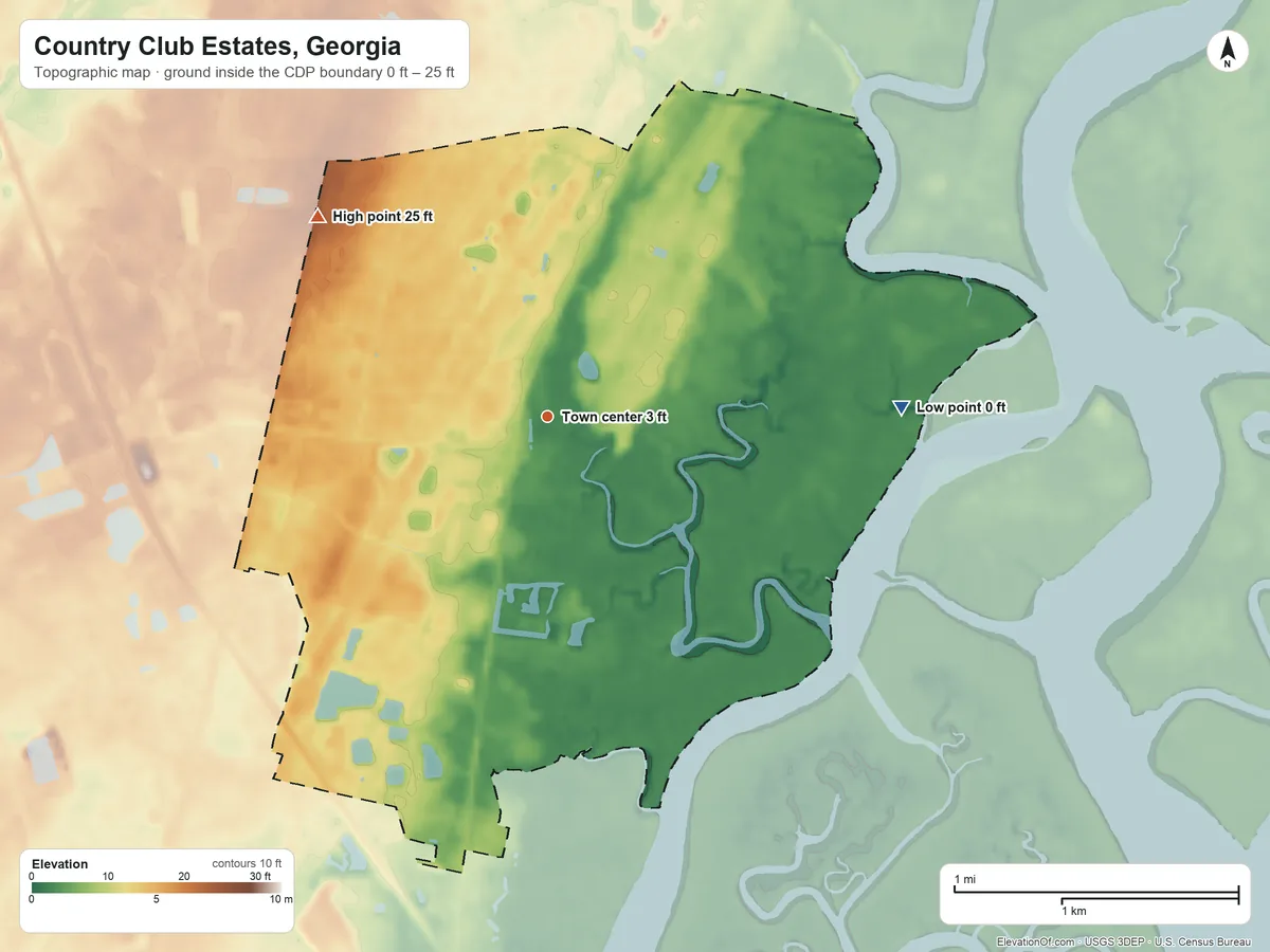 Topographic elevation map of Country Club Estates, Georgia, shaded from 0 ft on the east side to 25 ft on the northwest side