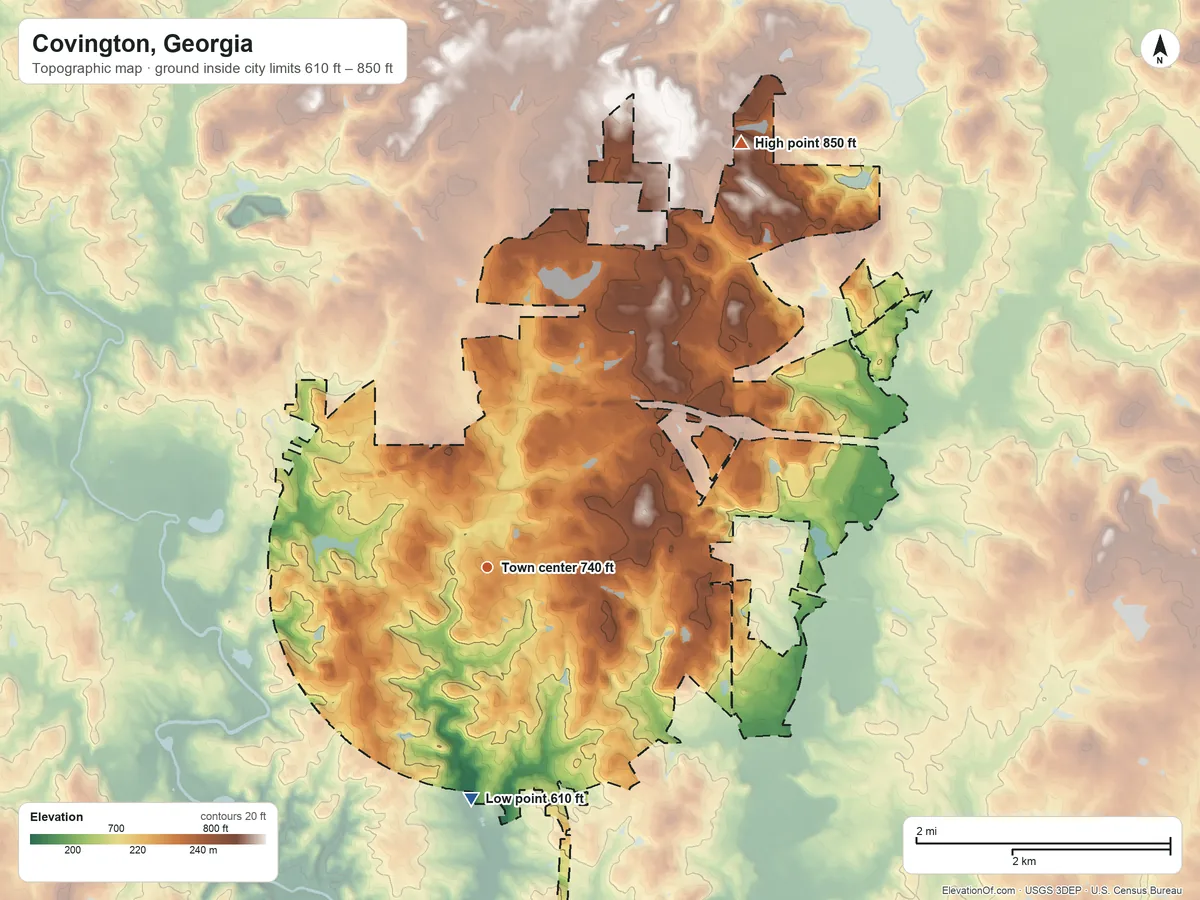 Topographic elevation map of Covington, Georgia, shaded from 610 ft on the south side to 850 ft on the northeast side