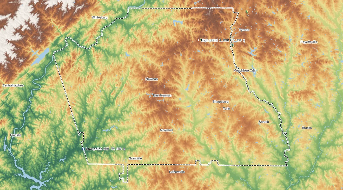 Topographic elevation map of Coweta County, Georgia, shaded from 660 ft on the southwest side to 1,090 ft on the northeast side
