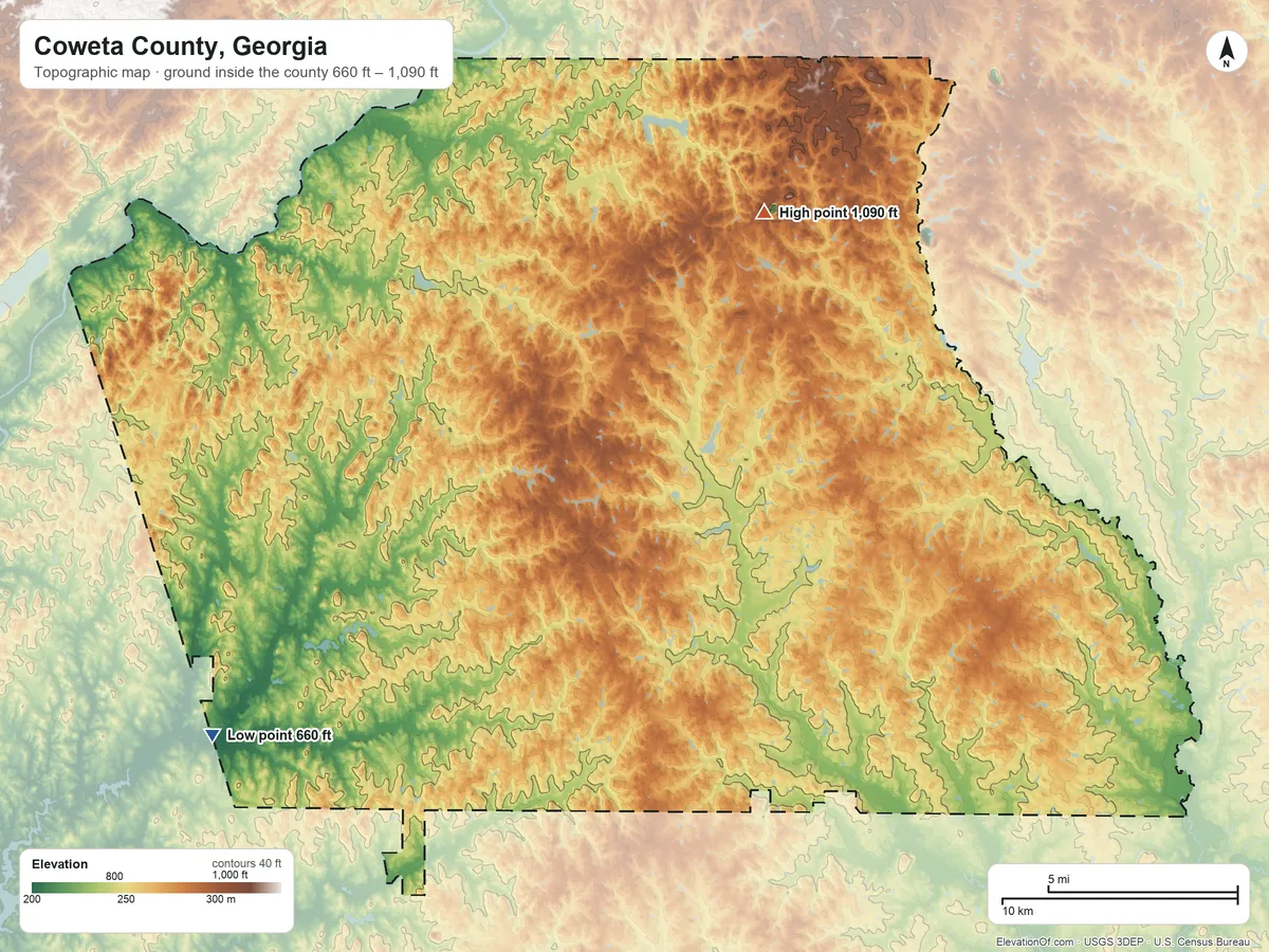 Topographic elevation map of Coweta County, Georgia, shaded from 660 ft on the southwest side to 1,090 ft on the northeast side