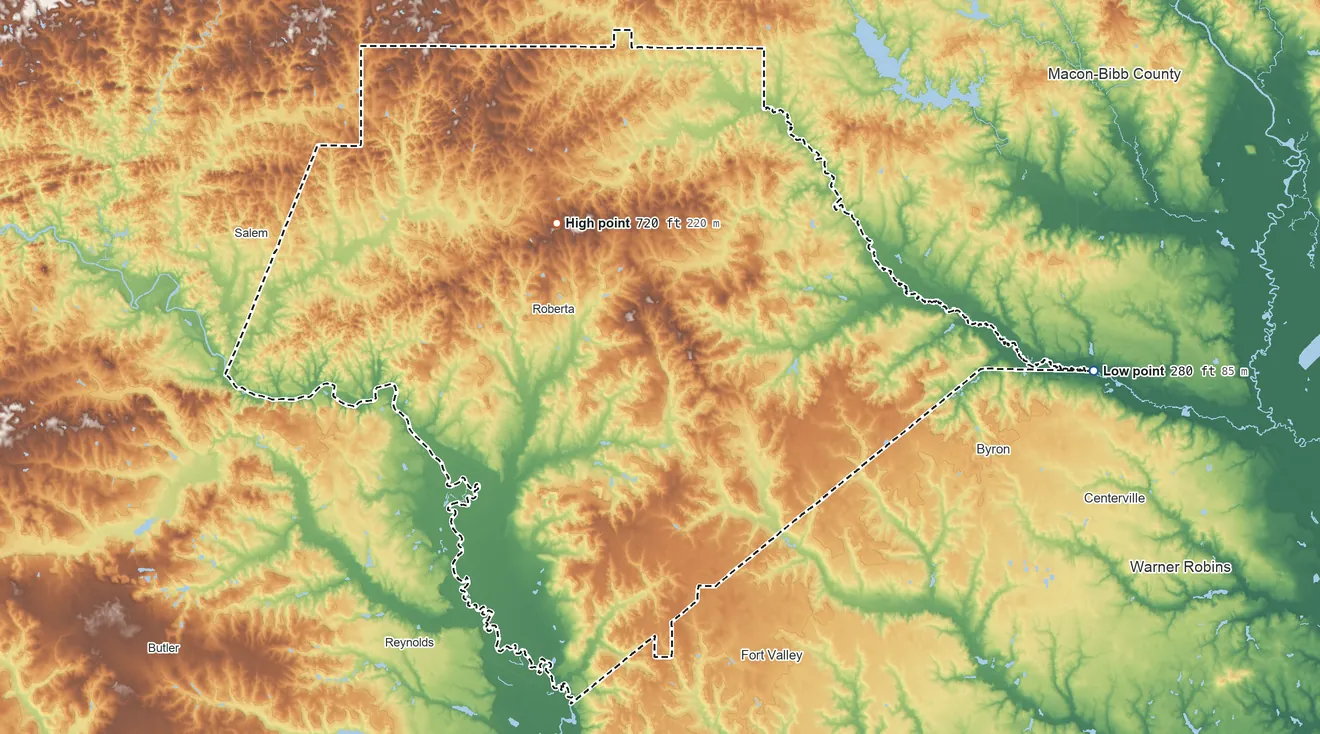 Topographic elevation map of Crawford County, Georgia, shaded from 280 ft on the east side to 720 ft on the northwest side