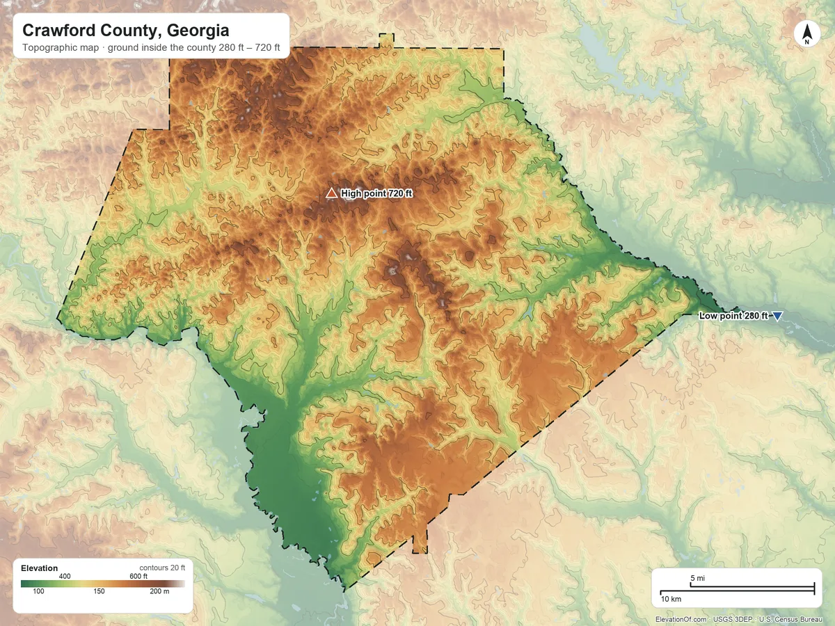 Topographic elevation map of Crawford County, Georgia, shaded from 280 ft on the east side to 720 ft on the northwest side