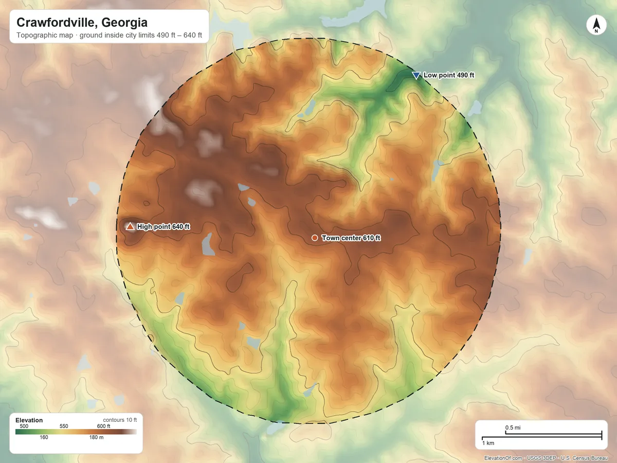 Topographic elevation map of Crawfordville, Georgia, shaded from 490 ft on the northeast side to 640 ft on the west side