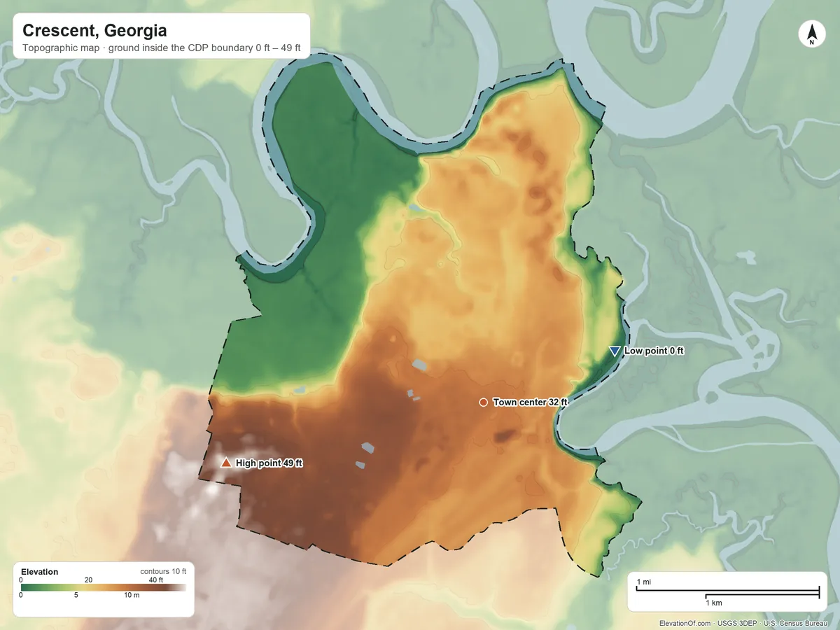 Topographic elevation map of Crescent, Georgia, shaded from 0 ft on the east side to 49 ft on the west side