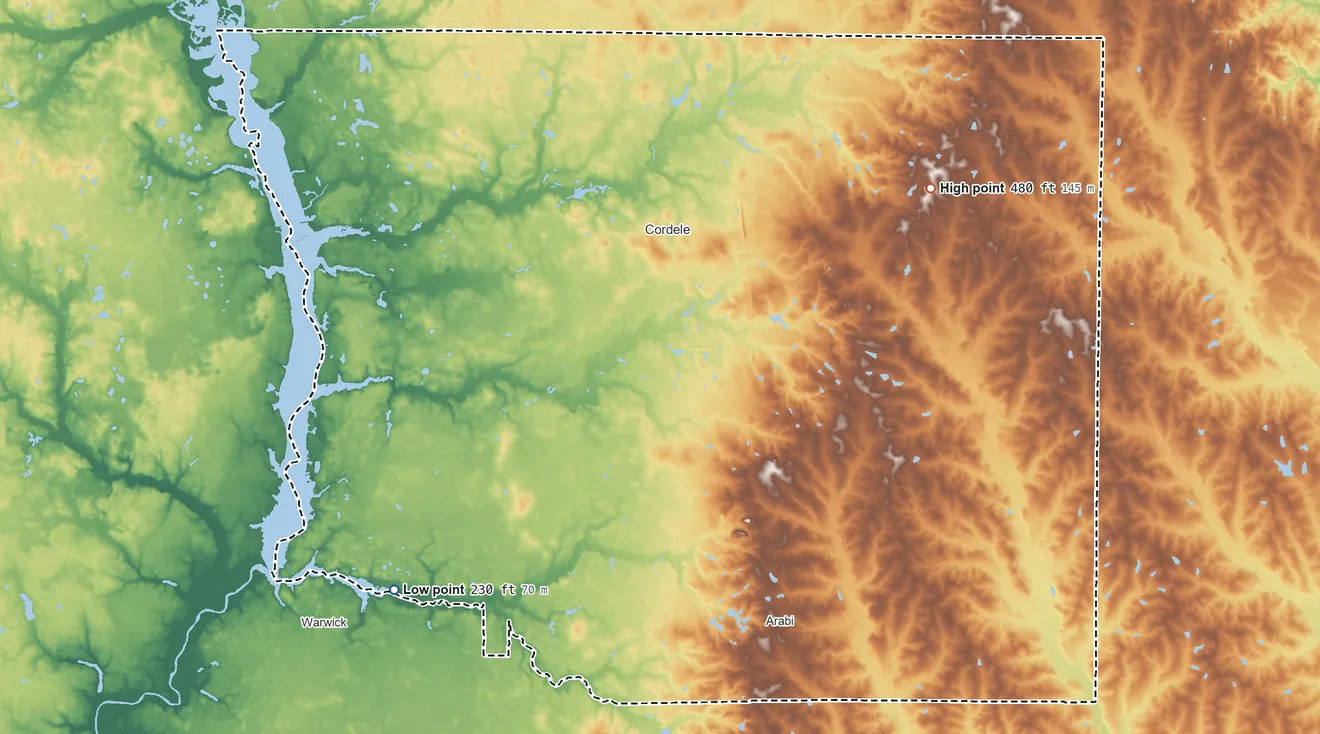 Topographic elevation map of Crisp County, Georgia, shaded from 230 ft on the southwest side to 480 ft on the northeast side