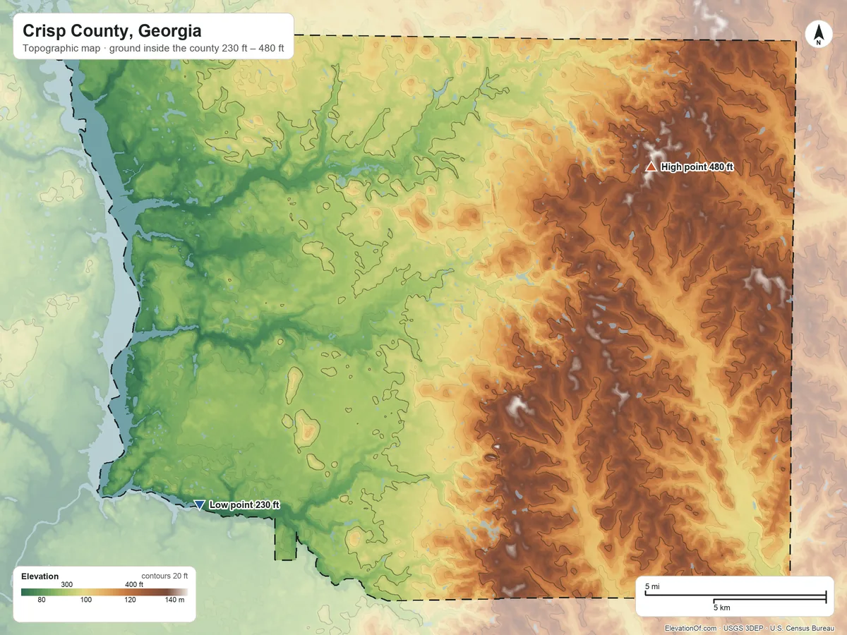 Topographic elevation map of Crisp County, Georgia, shaded from 230 ft on the southwest side to 480 ft on the northeast side