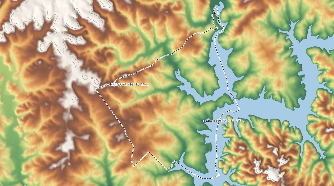 Topographic elevation map of Crooked Creek, Georgia, shaded from 340 ft on the southeast side to 490 ft on the west side