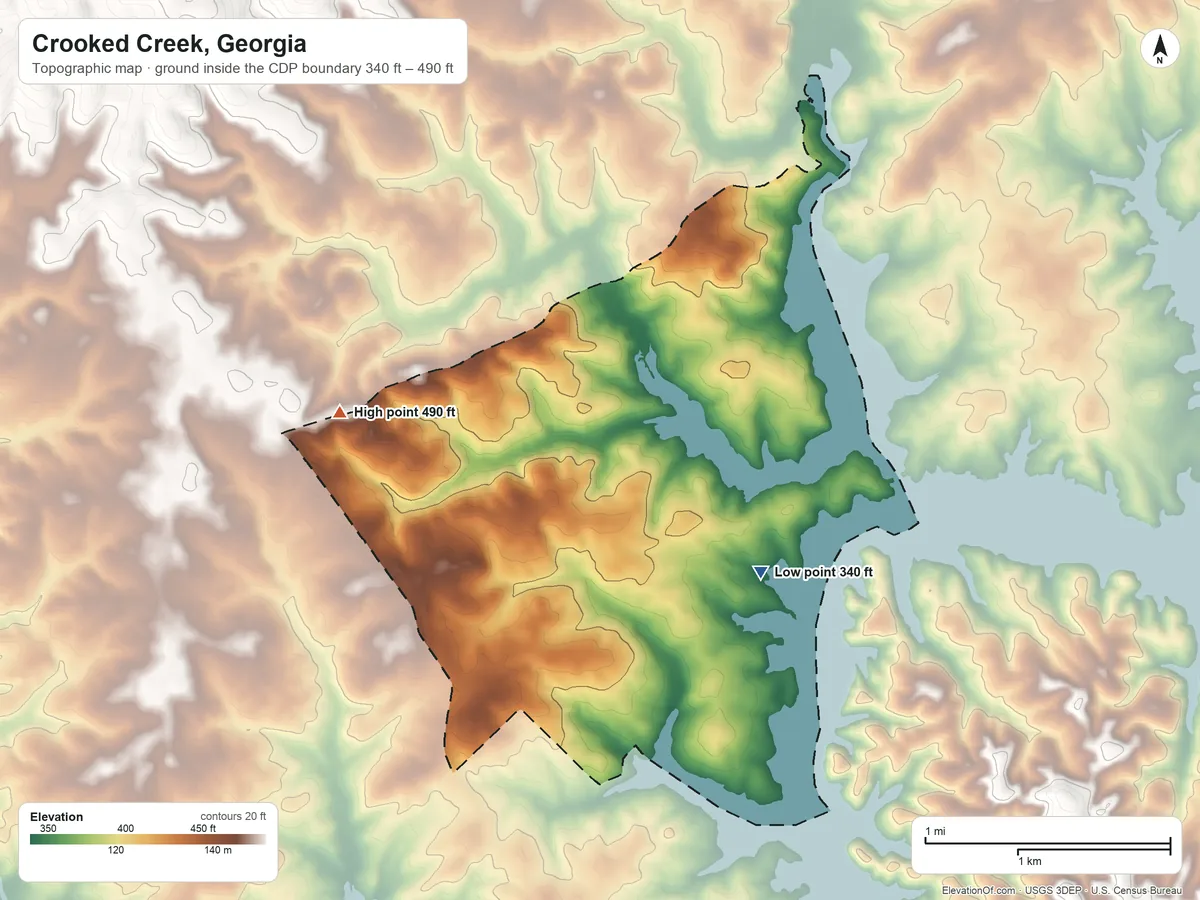 Topographic elevation map of Crooked Creek, Georgia, shaded from 340 ft on the southeast side to 490 ft on the west side