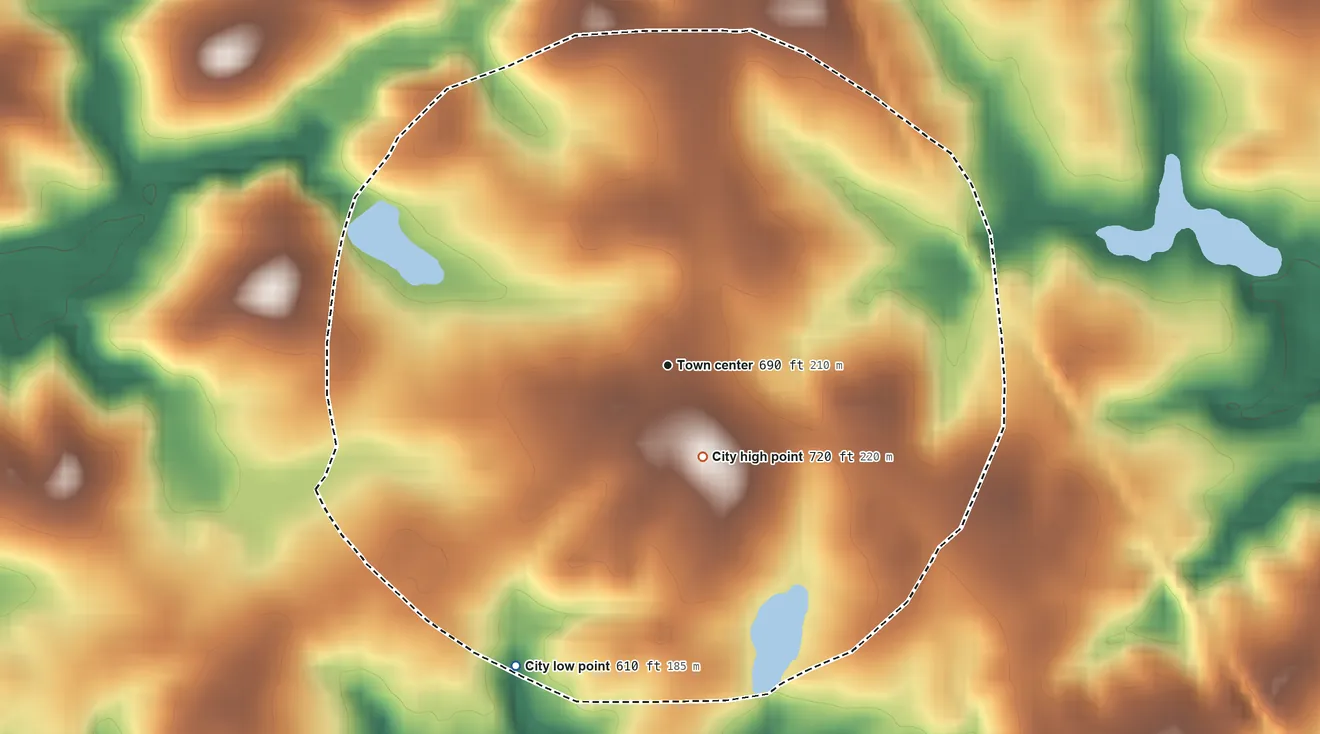 Topographic elevation map of Culloden, Georgia, shaded from 610 ft on the southwest side to 720 ft on the south side