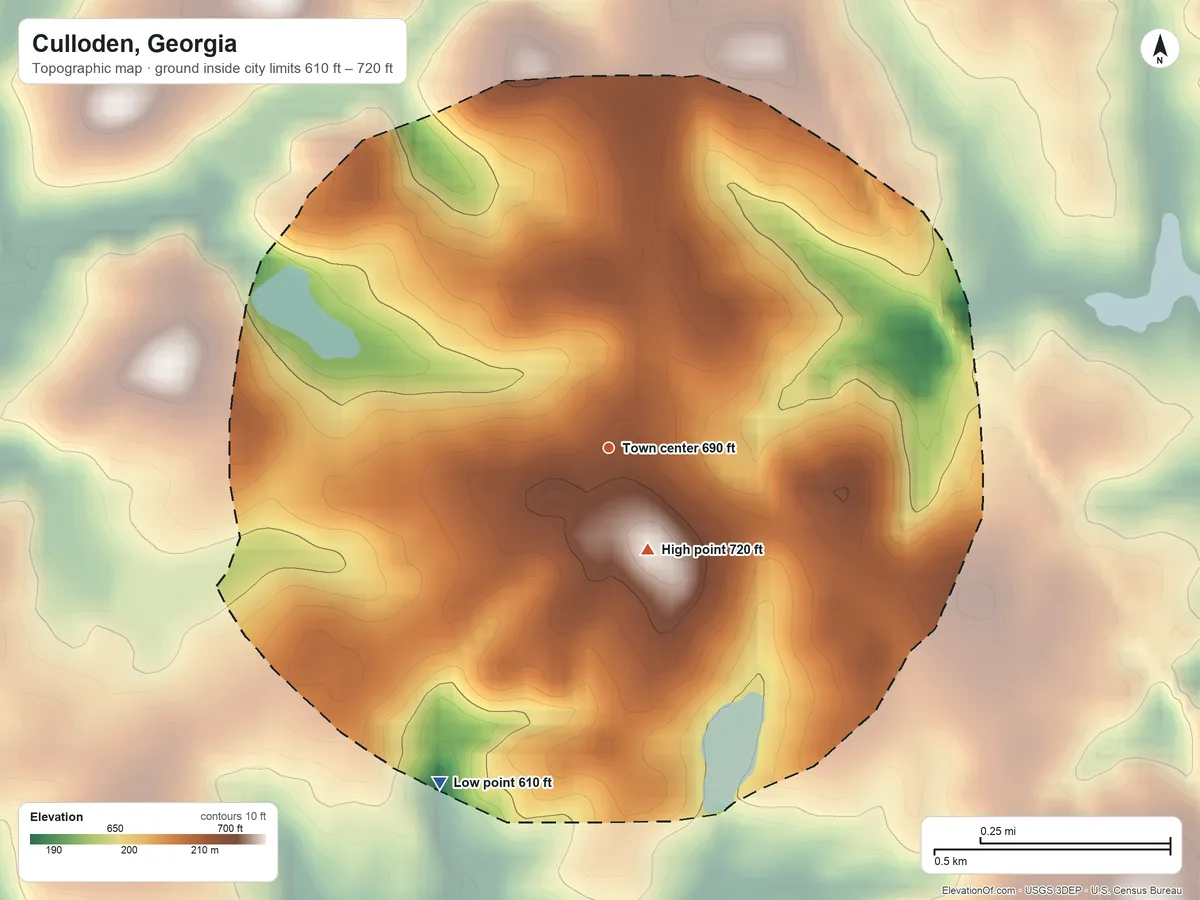 Topographic elevation map of Culloden, Georgia, shaded from 610 ft on the southwest side to 720 ft on the south side