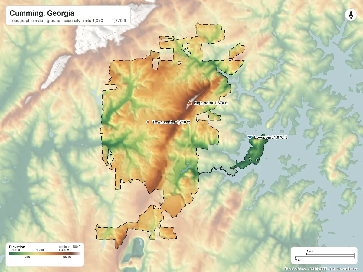 Topographic elevation map of Cumming, Georgia, shaded from 1,070 ft on the east side to 1,370 ft on the northeast side