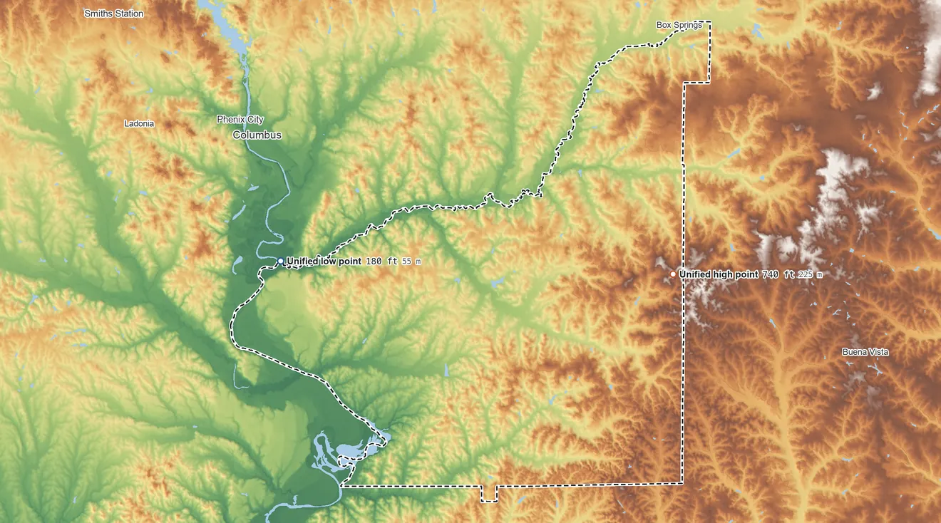 Topographic elevation map of Cusseta-Chattahoochee County, Georgia, shaded from 180 ft on the northwest side to 740 ft on the east side