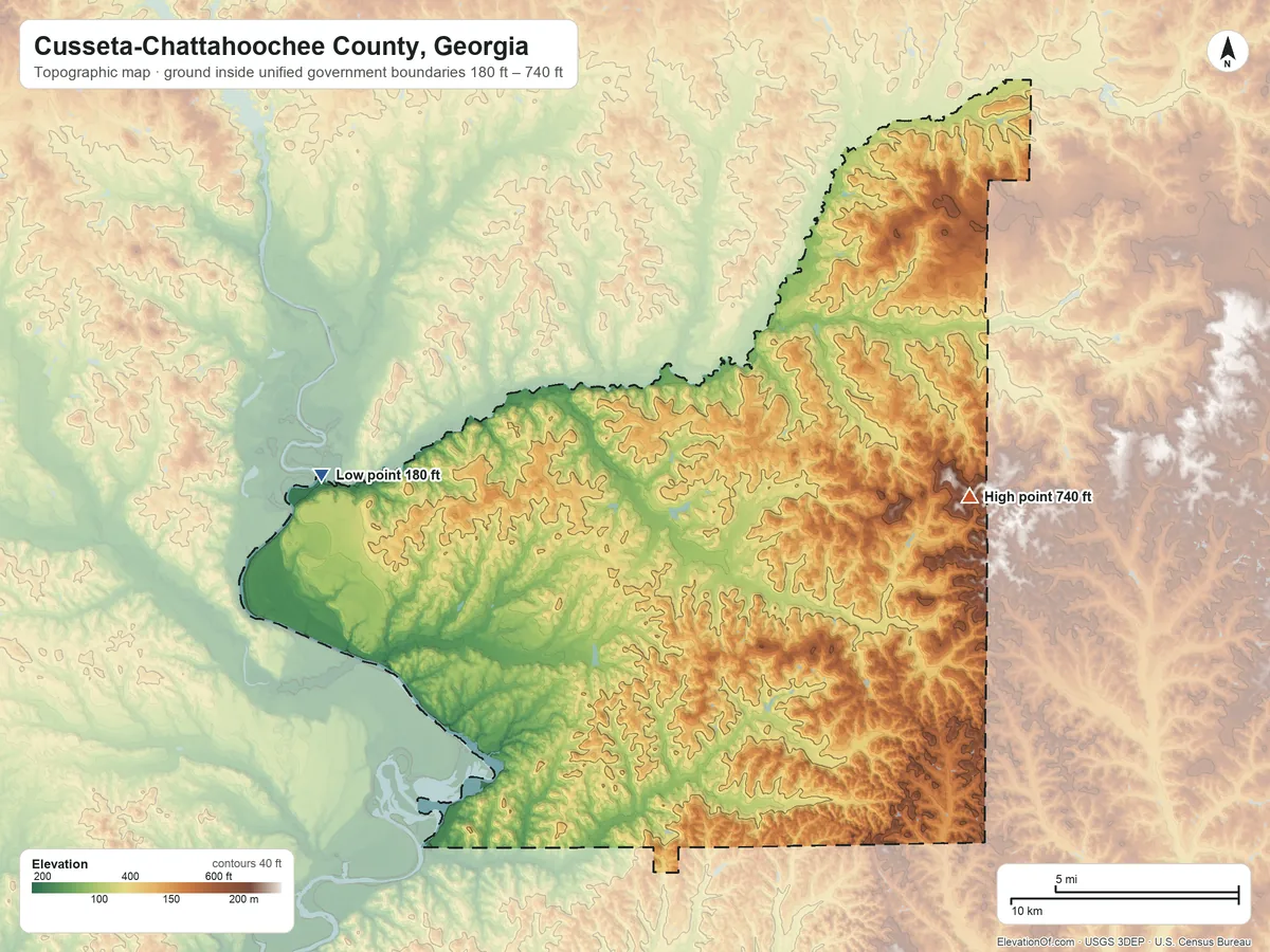 Topographic elevation map of Cusseta-Chattahoochee County, Georgia, shaded from 180 ft on the northwest side to 740 ft on the east side