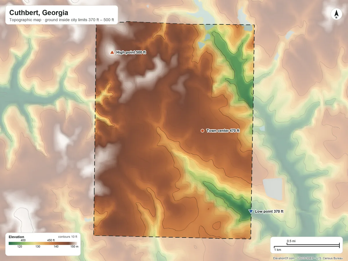 Topographic elevation map of Cuthbert, Georgia, shaded from 370 ft on the southeast side to 500 ft on the northwest side