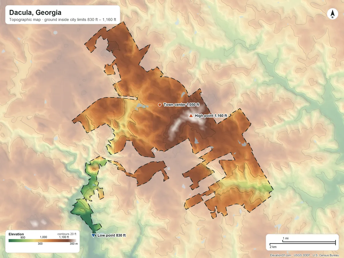 Topographic elevation map of Dacula, Georgia, shaded from 830 ft on the southwest side to 1,160 ft on the east side