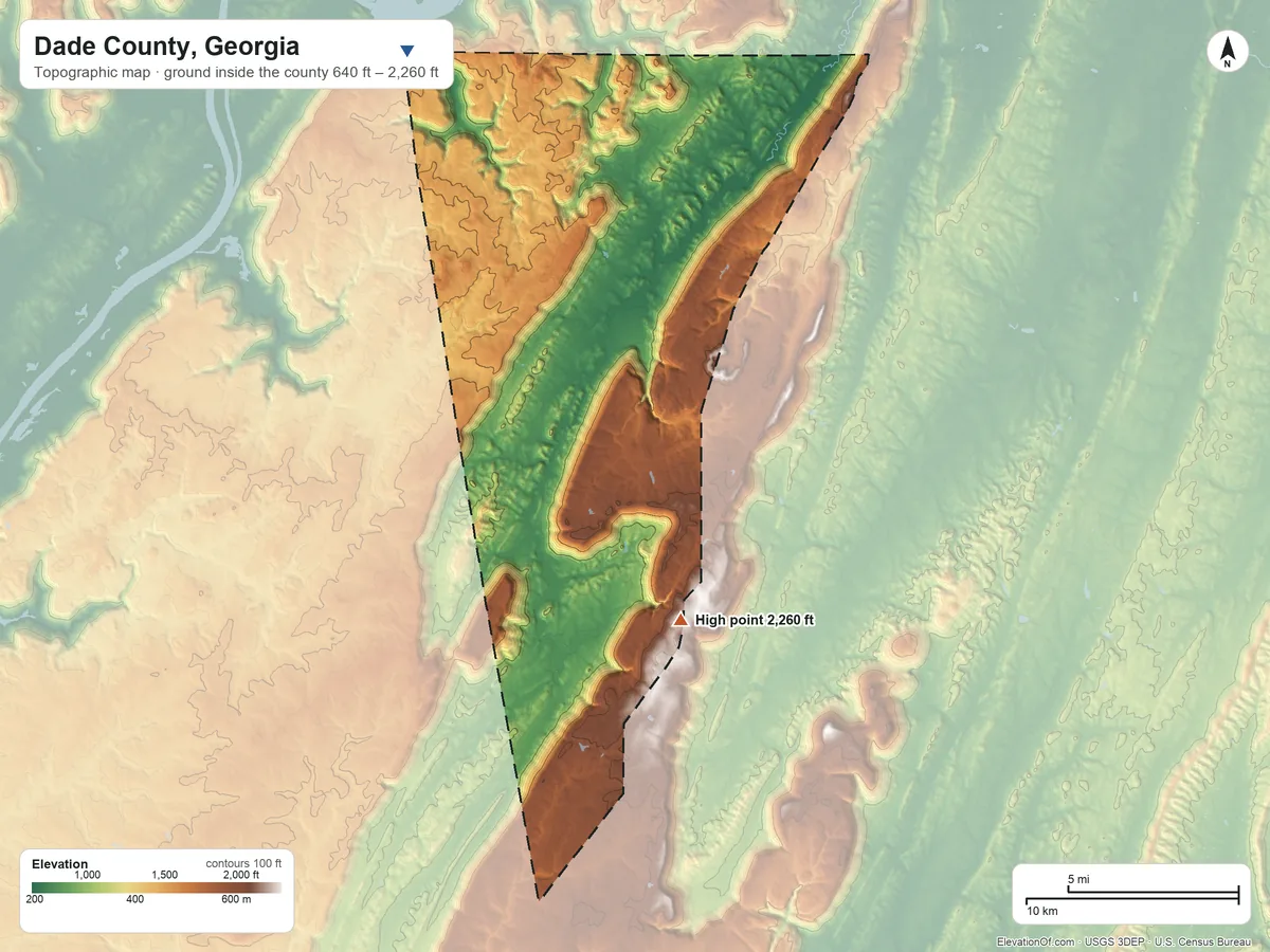 Topographic elevation map of Dade County, Georgia, shaded from 640 ft on the northwest side to 2,260 ft on the south side