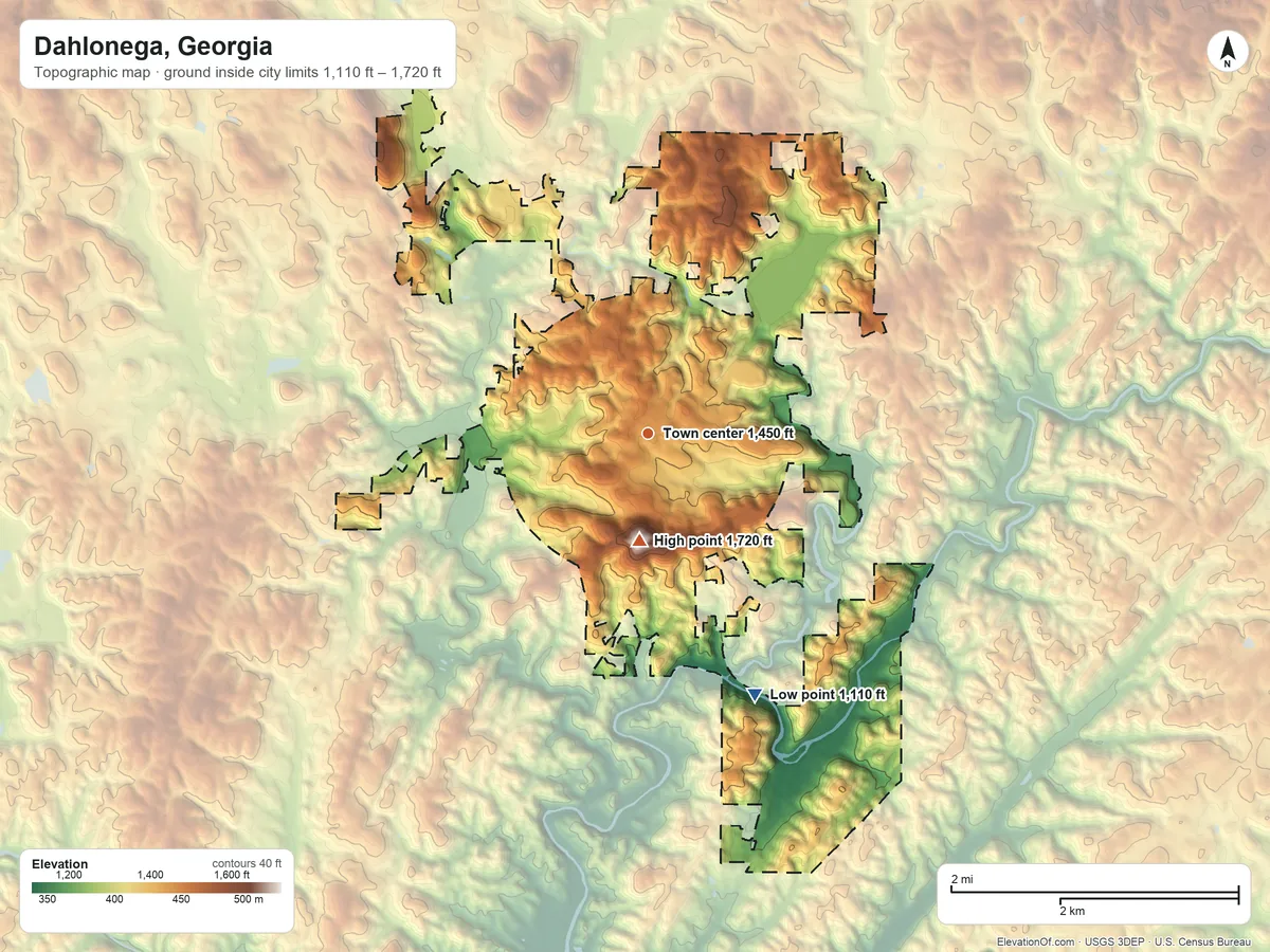 Topographic elevation map of Dahlonega, Georgia, shaded from 1,110 ft on the south side to 1,720 ft on Crown Mountain