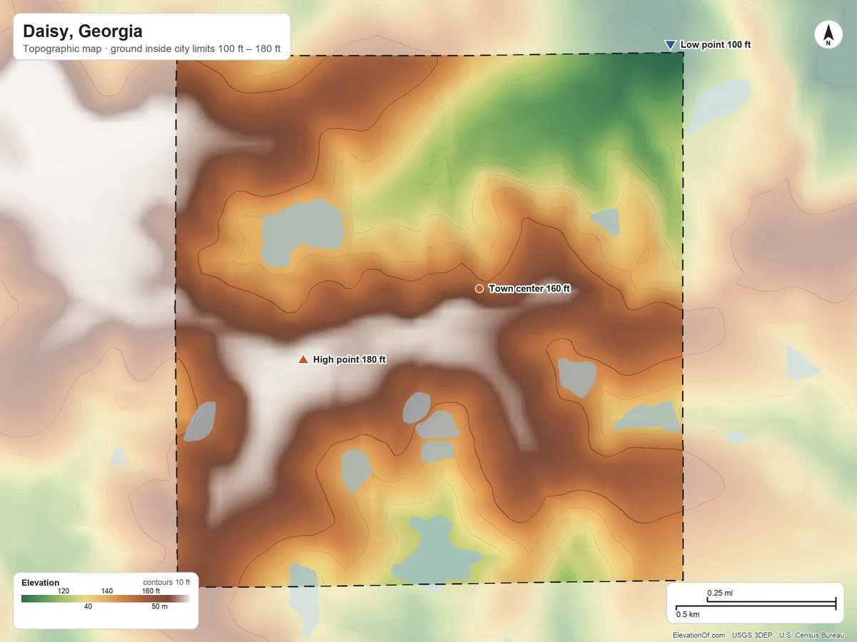 Topographic elevation map of Daisy, Georgia, shaded from 100 ft on the northeast side to 180 ft on the west side