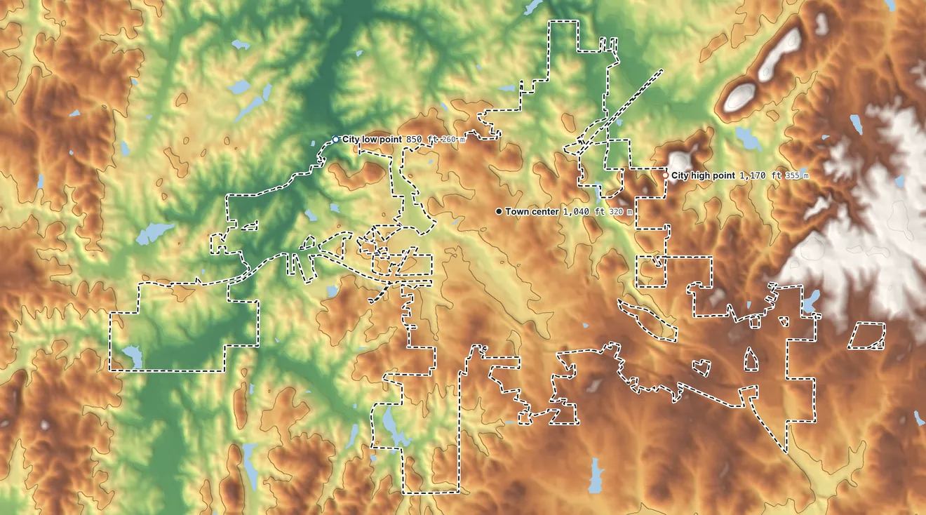 Topographic elevation map of Dallas, Georgia, shaded from 850 ft on the northwest side to 1,170 ft on the east edge, below higher ground just outside