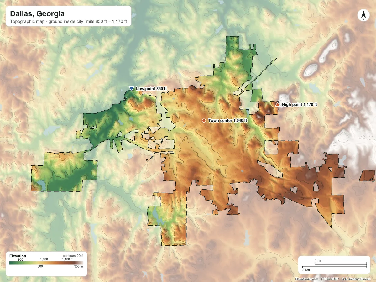 Topographic elevation map of Dallas, Georgia, shaded from 850 ft on the northwest side to 1,170 ft on the east edge, below higher ground just outside