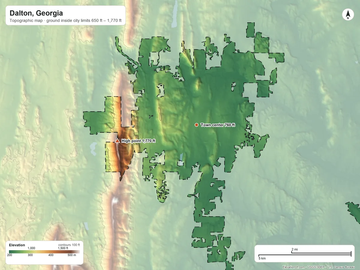 Topographic elevation map of Dalton, Georgia, shaded from 650 ft on the southeast side to 1,770 ft on Rocky Face Mountain