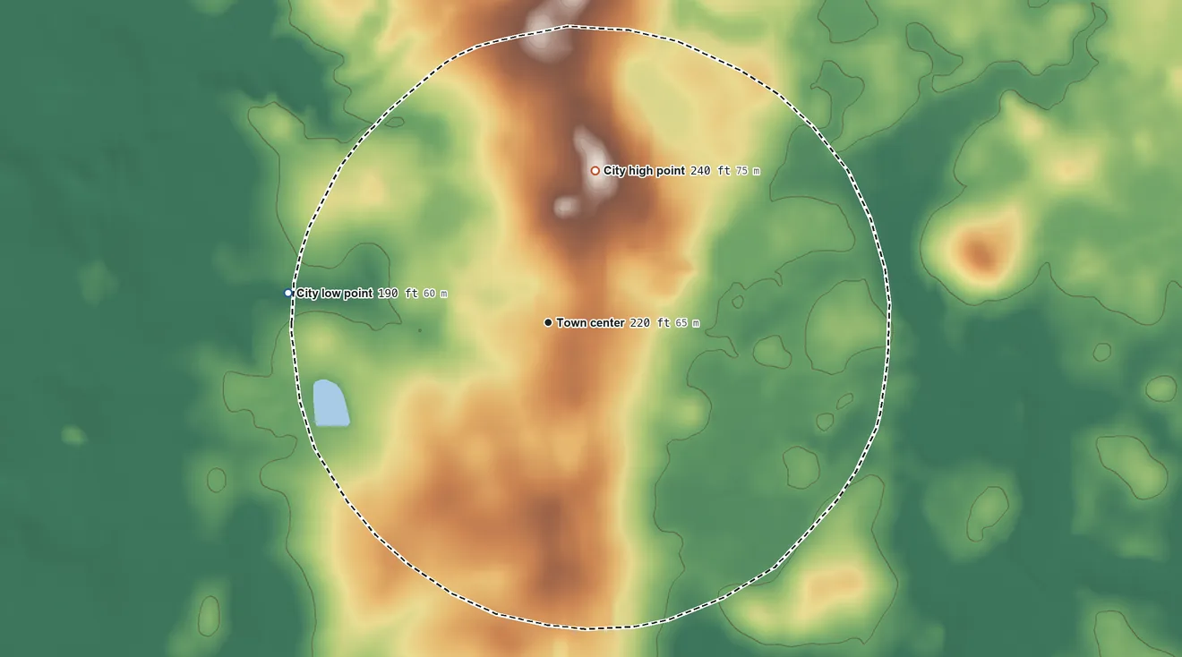 Topographic elevation map of Damascus, Georgia, shaded from 190 ft on the west side to 240 ft on the north side