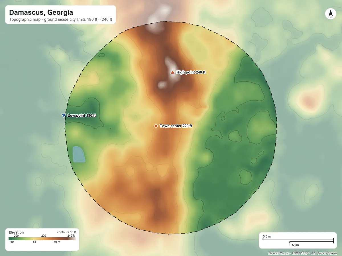 Topographic elevation map of Damascus, Georgia, shaded from 190 ft on the west side to 240 ft on the north side
