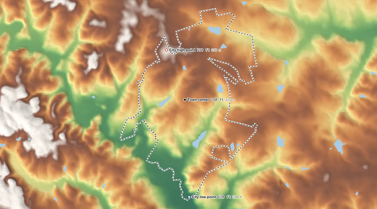 Topographic elevation map of Danielsville, Georgia, shaded from 620 ft on the south side to 790 ft on the north side