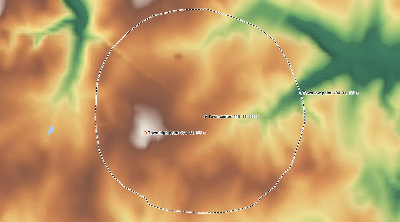 Topographic elevation map of Danville, Georgia, shaded from 400 ft on the east side to 470 ft on the west side