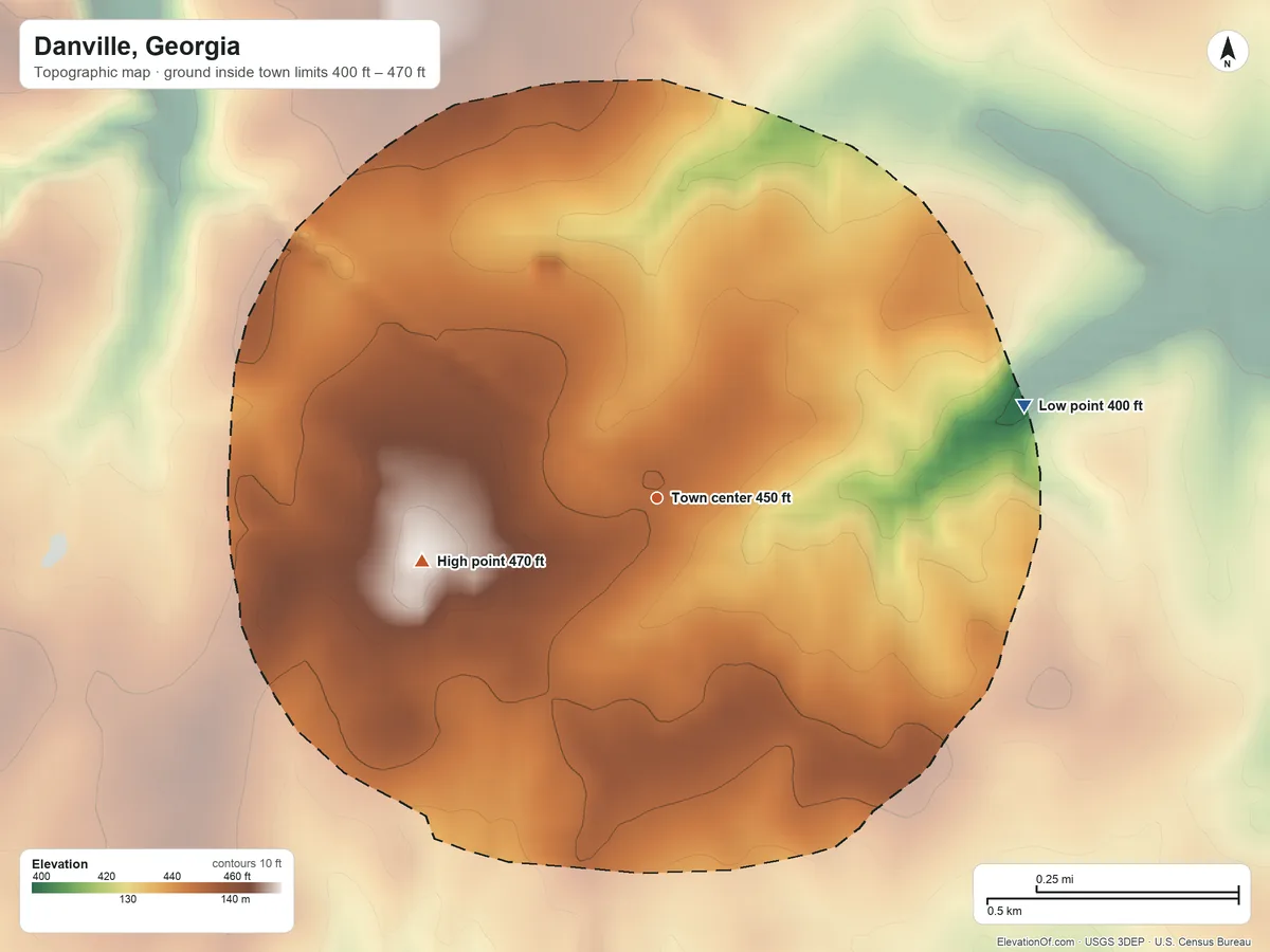 Topographic elevation map of Danville, Georgia, shaded from 400 ft on the east side to 470 ft on the west side