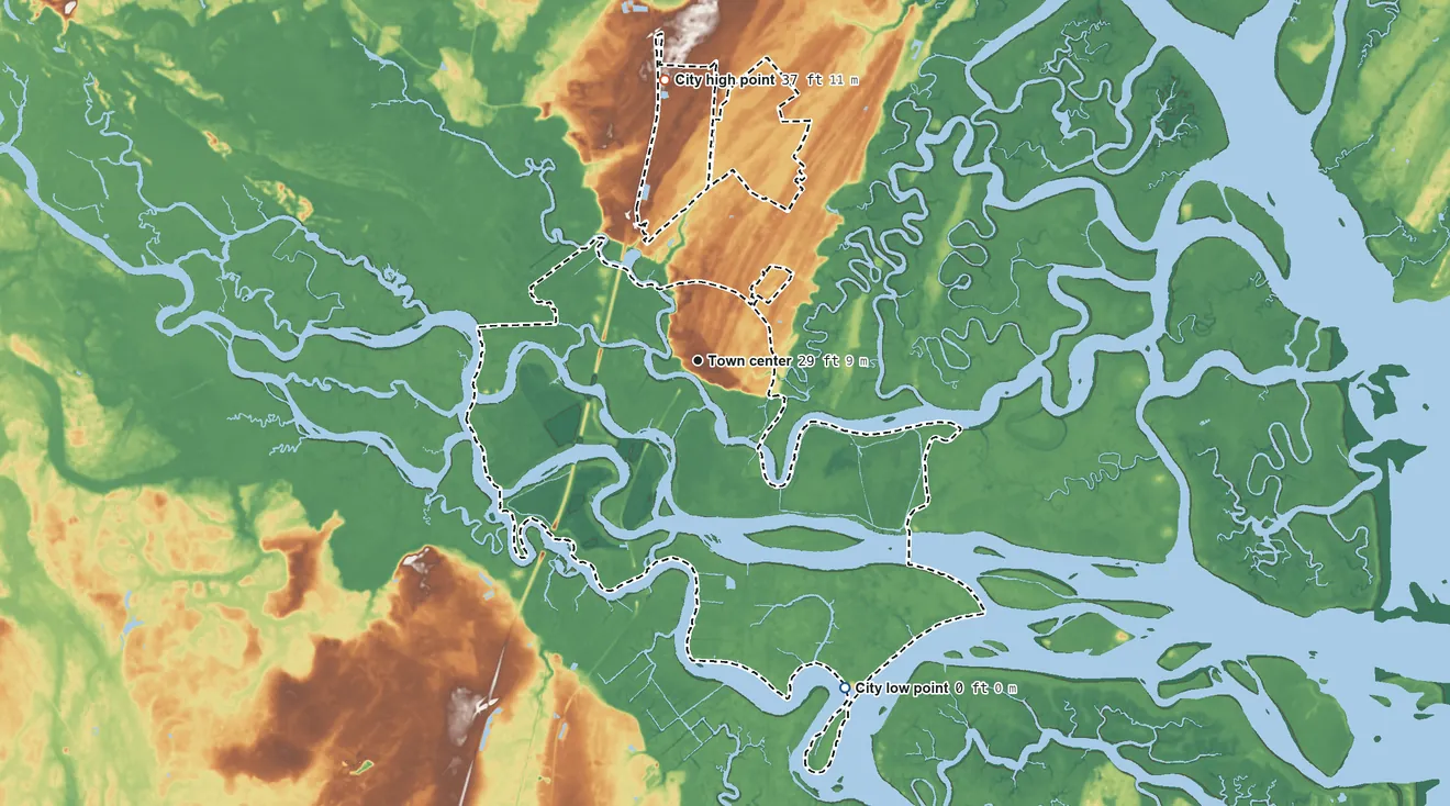 Topographic elevation map of Darien, Georgia, shaded from sea level level on Buttermilk Sound to 37 ft on the north side