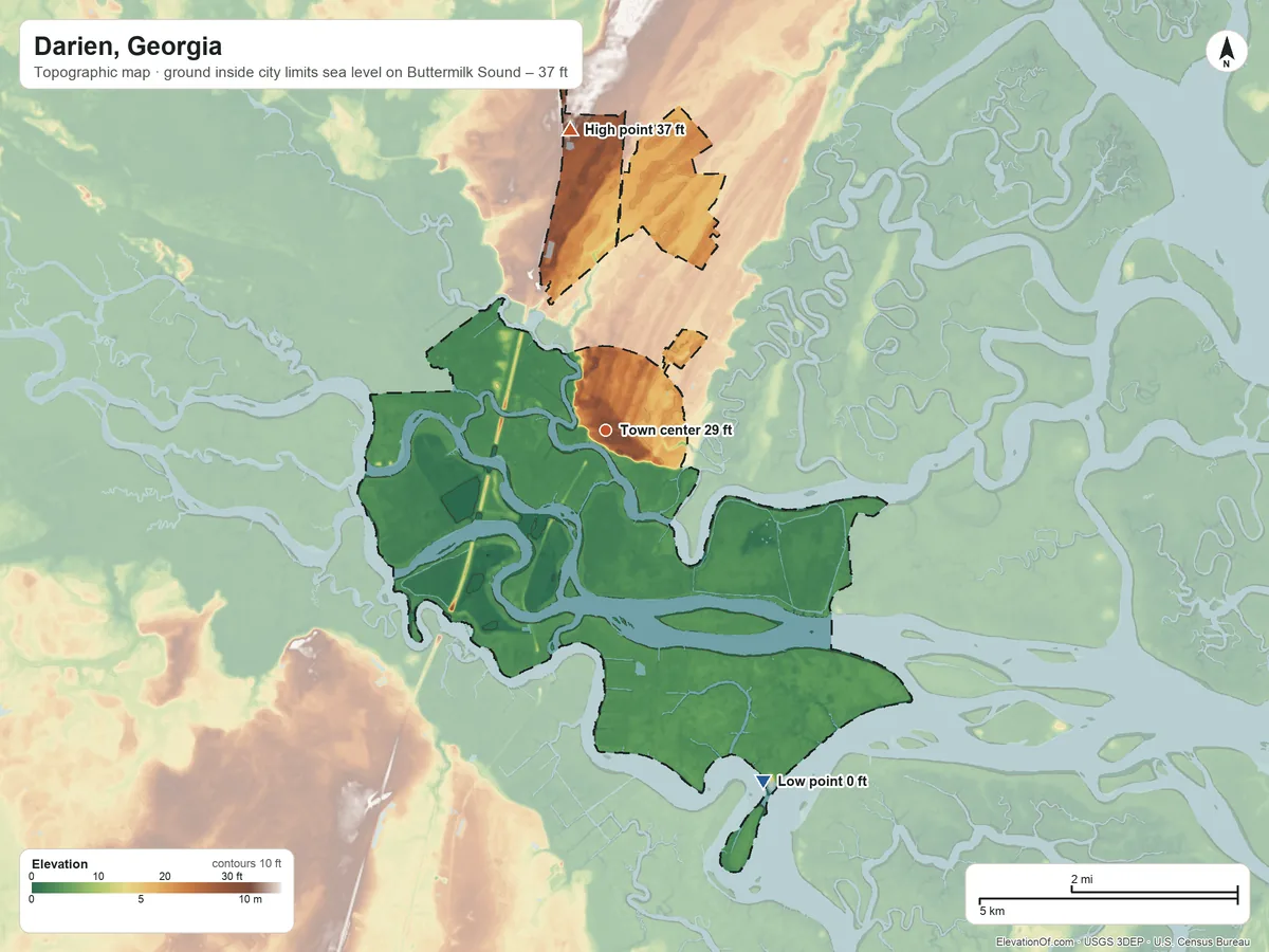 Topographic elevation map of Darien, Georgia, shaded from sea level level on Buttermilk Sound to 37 ft on the north side