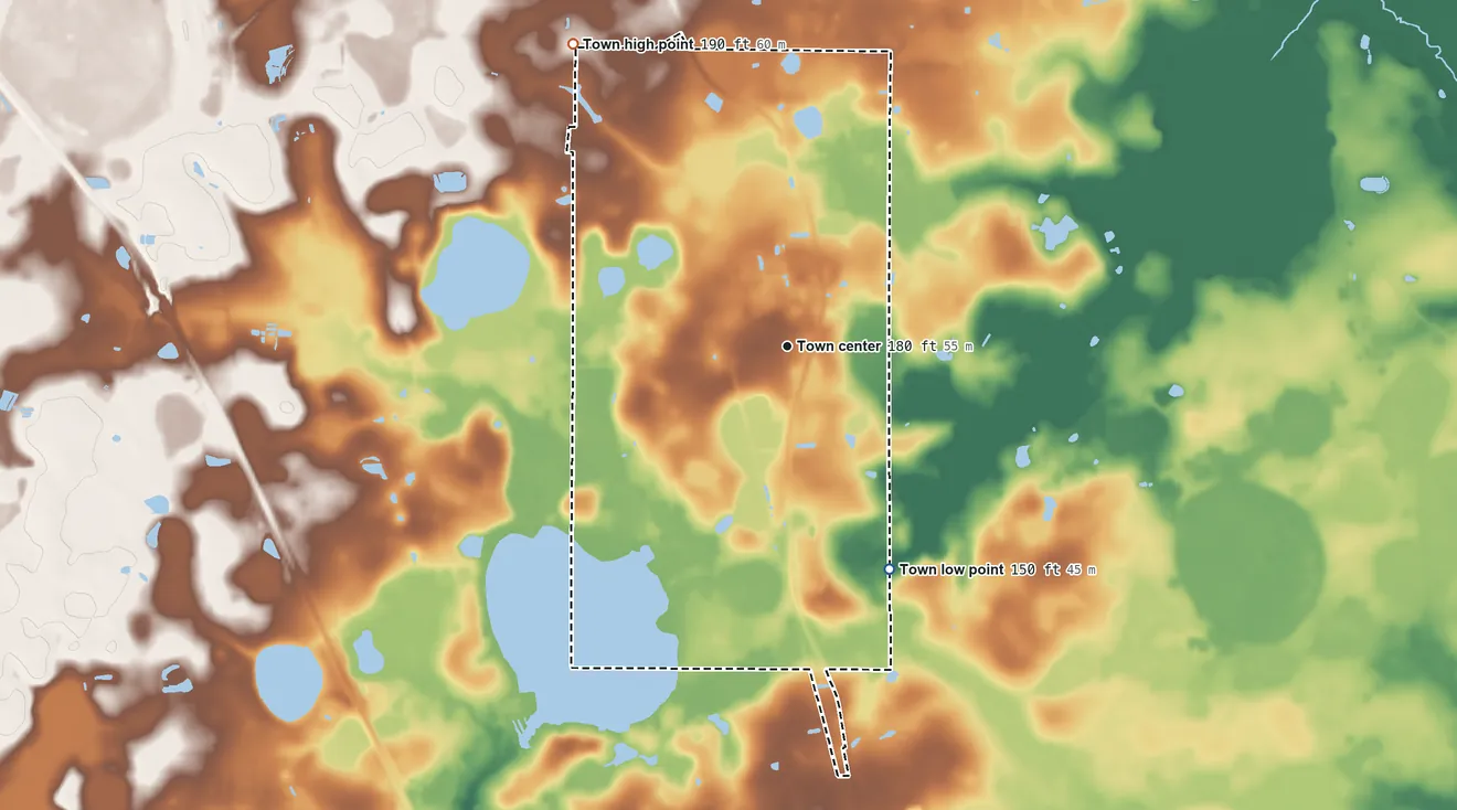 Topographic elevation map of Dasher, Georgia, shaded from 150 ft on the southeast side to 190 ft on the northwest side