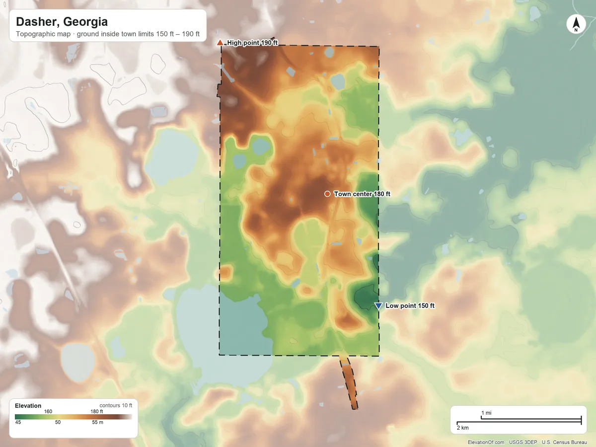 Topographic elevation map of Dasher, Georgia, shaded from 150 ft on the southeast side to 190 ft on the northwest side