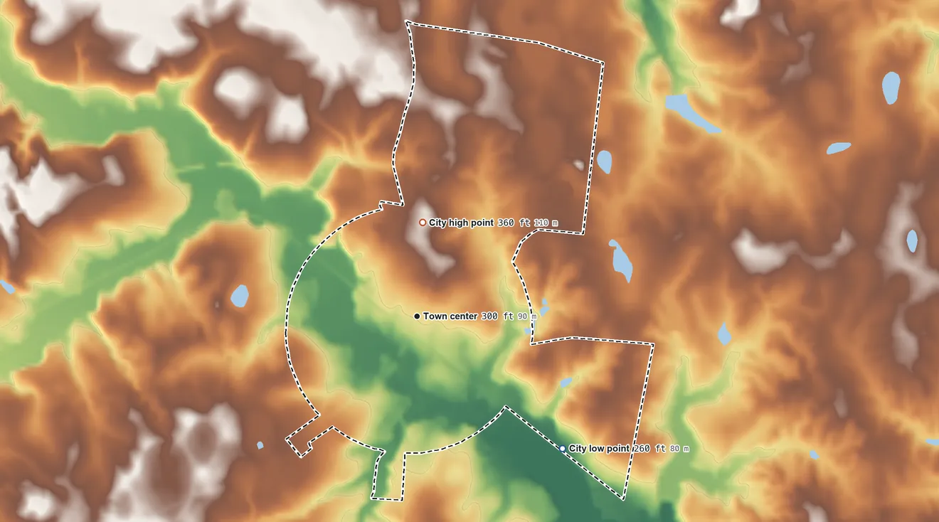 Topographic elevation map of Davisboro, Georgia, shaded from 260 ft on the southeast side to 360 ft on the north side