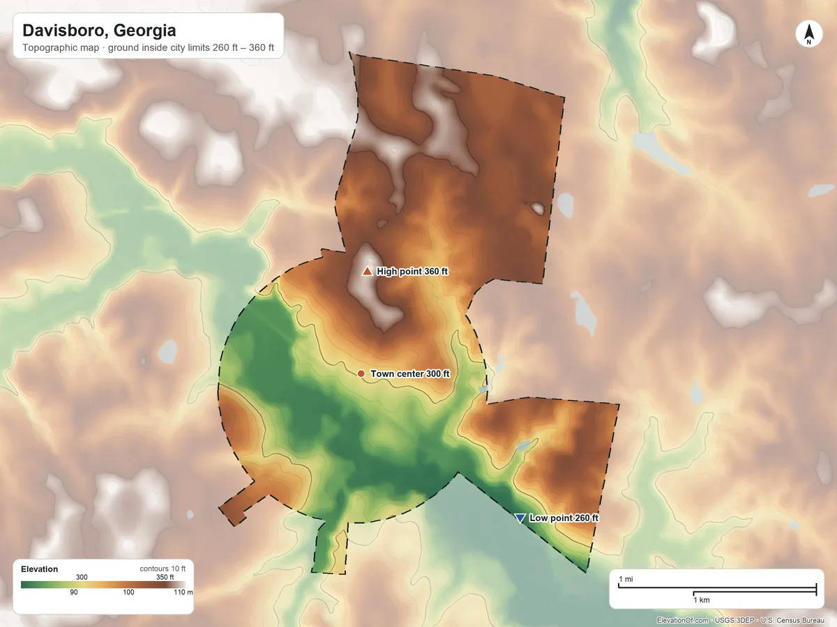 Topographic elevation map of Davisboro, Georgia, shaded from 260 ft on the southeast side to 360 ft on the north side
