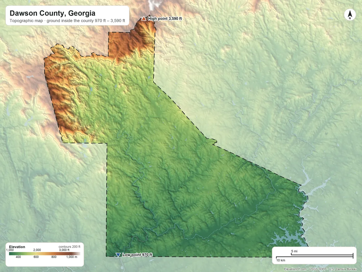 Topographic elevation map of Dawson County, Georgia, shaded from 970 ft on the southwest side to 3,590 ft on Amicalola Mountain