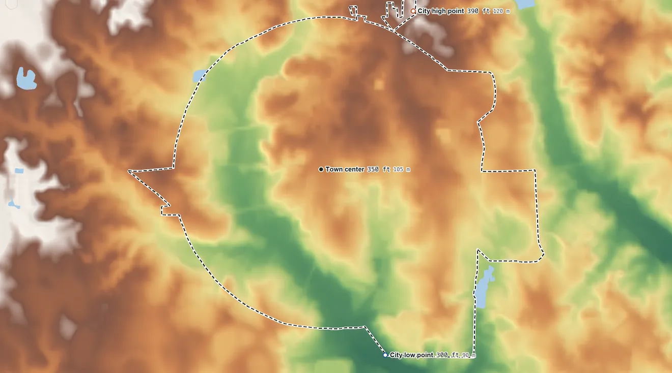 Topographic elevation map of Dawson, Georgia, shaded from 300 ft on the south side to 390 ft on the northeast side