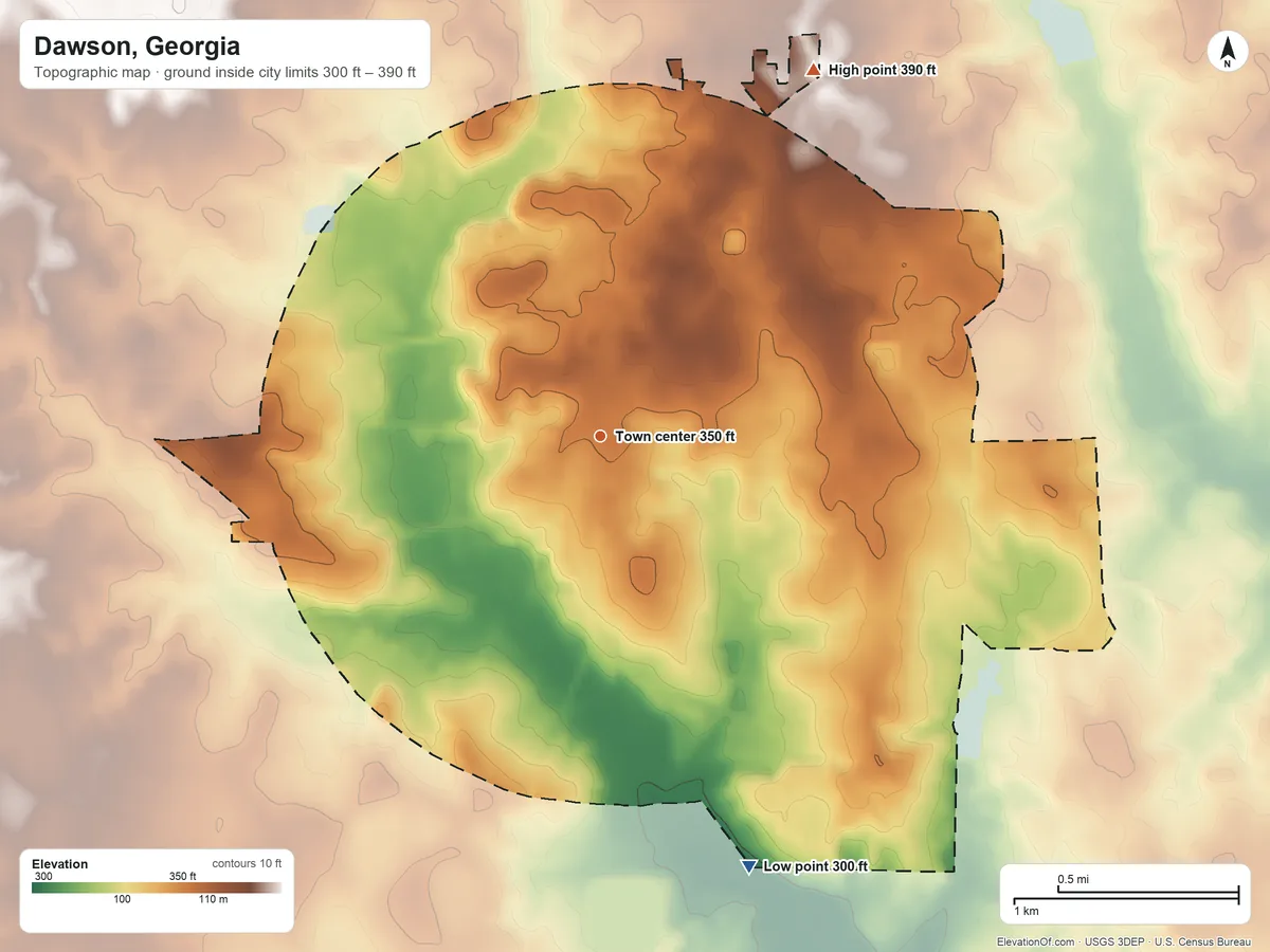 Topographic elevation map of Dawson, Georgia, shaded from 300 ft on the south side to 390 ft on the northeast side