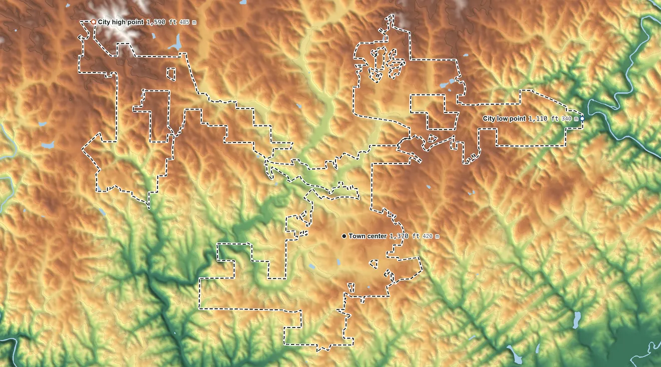Topographic elevation map of Dawsonville, Georgia, shaded from 1,110 ft on the northeast side to 1,590 ft on the northwest side